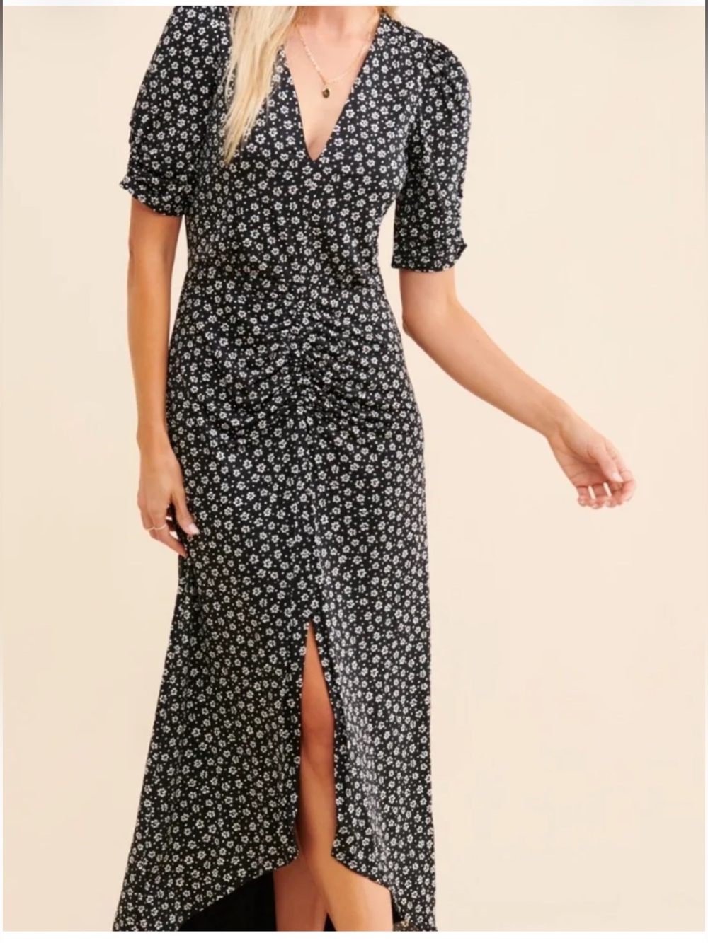 AFRM Black Floral Wrap-Front Mid Dress